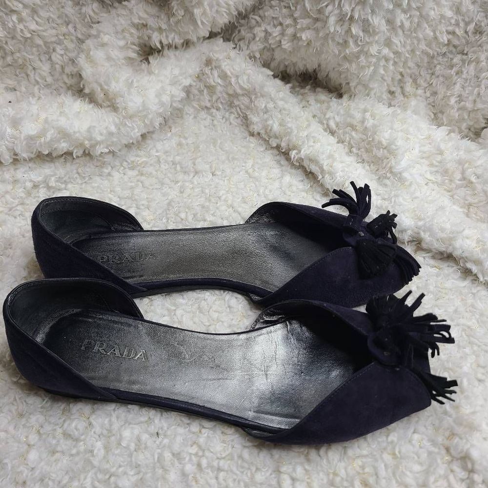 Prada Navy Blue Suede Leather Tassel Peep-toe‎ D'orsay Flats sz 40